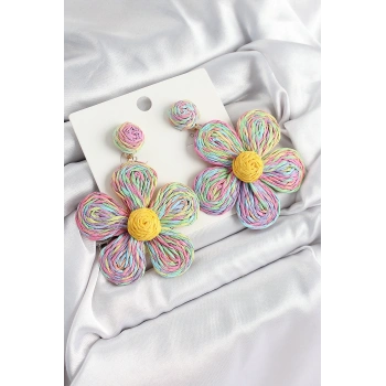 HEYF Pirinç Rainbow Papatya Model Gold Renk Kadın Hasır Küpe