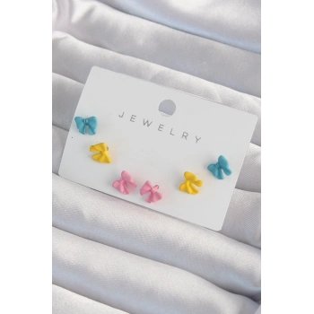 HEYF Pirinç Rengarenk Mineli Minimal Fiyonk Küpe Seti