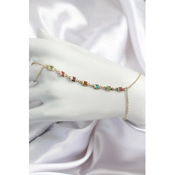 HEYF Pirinç Renkli Kare Zirkon Taşlı Y Model Gold Renk Kadın Şahmeran