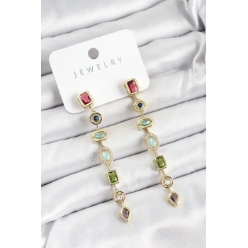 HEYF Pirinç Renkli Zirkon Taşlı Sallantılı Model Gold Renk Kadın Küpe