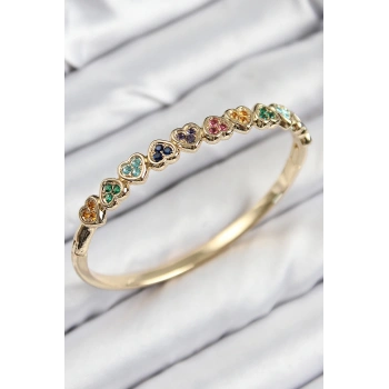 HEYF Pirinç Renkli Zirkon Taşlı Sıralı Kalp Model Gold Renk Kadın Kelepçe