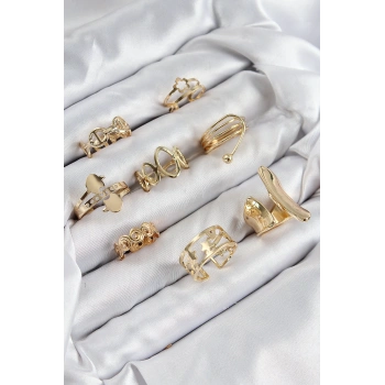 HEYF Pirinç Sarmal Ve Yıldız Model Gold Renk Kadın Yüzük Kombin Set