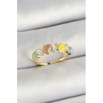 HEYF Pirinç Sıralı Kalp Figürlü Zirkon Taşlı Gold Renk Ayarlanabilir Kadın Yüzük