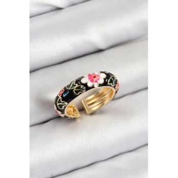 HEYF Pirinç Siyah Mineli Çiçek Motifli Gold Renk Ayarlanabilir Kadın Yüzük