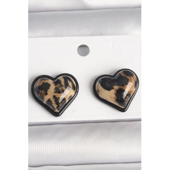 HEYF Pirinç Siyah Renk Leopar Desen 3D Kalp Model Kadın Küpe