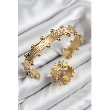 HEYF Pirinç Topcuk Model Gold Renk Bileklik Yüzük Set