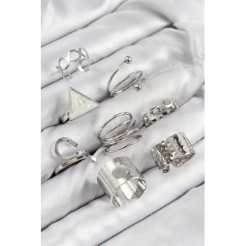 HEYF Pirinç Üçgen Model Gümüş Renk Kadın Yüzük Kombin Set