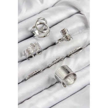 HEYF Pirinç Yaprak Model Gümüş Renk Kadın Yüzük Kombin Set