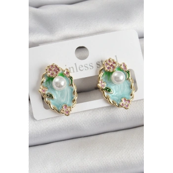 HEYF Pirinç Yeşil Mineli İnci Detaylı Sanatsal Portre Model Gold Renk Kadın Küpe