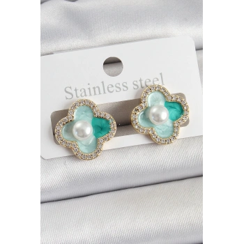 HEYF Pirinç Yeşil Mineli İnci Detaylı Zirkon Taşlı Sanatsal Portre Yonca Model Gold Renk Kadın Küpe