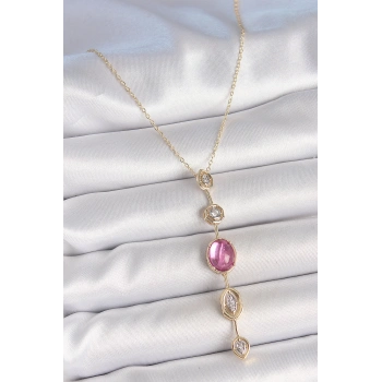 HEYF Pirinç Zincir Gold Renk Pembe Zirkon Taşlı Y Kolye