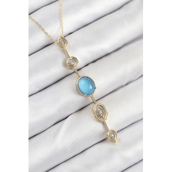 HEYF Pirinç Zincir Mavi Gold Renk Zirkon Taşlı Y Kolye