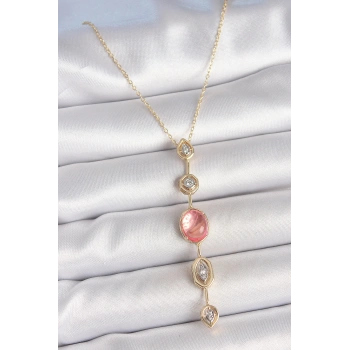 HEYF Pirinç Zincir Pembe Gold Renk Zirkon Taşlı Y Kolye
