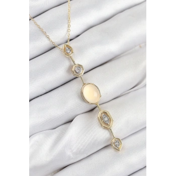 HEYF Pirinç Zincir Sarı Gold Renk Zirkon Taşlı Y Kolye