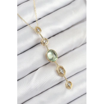HEYF Pirinç Zincir Yeşil Gold Renk Zirkon Taşlı Y Kolye