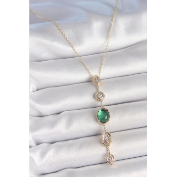HEYF Pirinç Zincir Zümrüt Yeşil Gold Renk Zirkon Taşlı Y Kolye