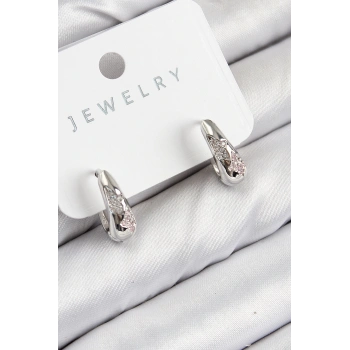 HEYF Pirinç Zirkon Taş Desenli Model Gümüş Renk Kadın Küpe