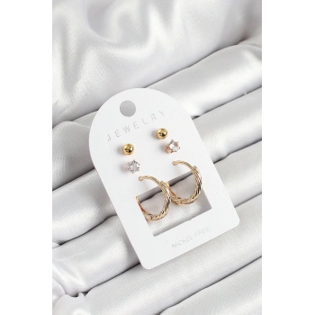 HEYF Pirinç Zirkon Taş Ve Halka Figürlü Gold Renk 3lü Çift Kadın Küpe Set