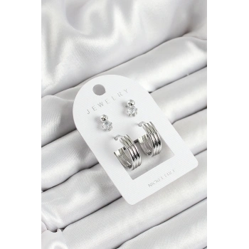 HEYF Pirinç Zirkon Taş Ve Halka Figürlü Gümüş Renk 3lü Çift Kadın Küpe Set