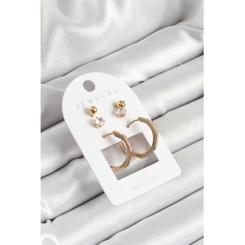 HEYF Pirinç Zirkon Taş Ve Kemik Halka Figürlü Gold Renk 3lü Çift Kadın Küpe Set