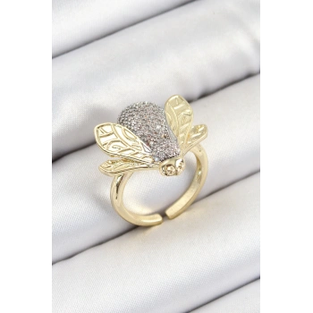 HEYF Pirinç Zirkon Taşlı Arı Model Gümüş Ve Gold Renk Kadın Yüzük