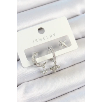 HEYF Pirinç Zirkon Taşlı Çiçek Ve Ay Model Gümüş Renk 3lü Çift Kadın Küpe Set