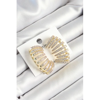 HEYF Pirinç Zirkon Taşlı Çoklu Görünümlü Model Gold Renk Kadın Küpe