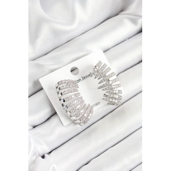 HEYF Pirinç Zirkon Taşlı Çoklu Görünümlü Model Gümüş Renk Kadın Küpe