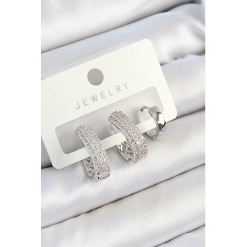 HEYF Pirinç Zirkon Taşlı Damla Model Gümüş Renk 3lü Çift Kadın Küpe Set