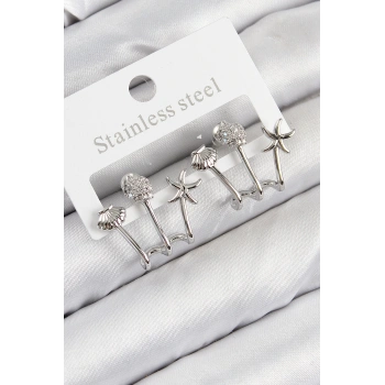 HEYF Pirinç Zirkon Taşlı Deniz Yıldızı ve İstiridye Model Gümüş Renk Kadın Küpe