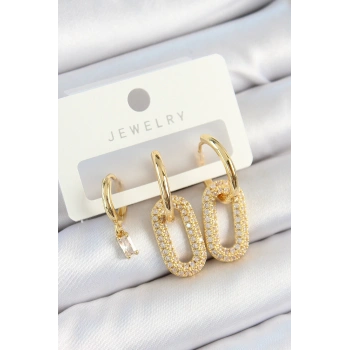 HEYF Pirinç Zirkon Taşlı Dikdörtgen Model Gold Renk 3lü Çift Kadın Küpe Set