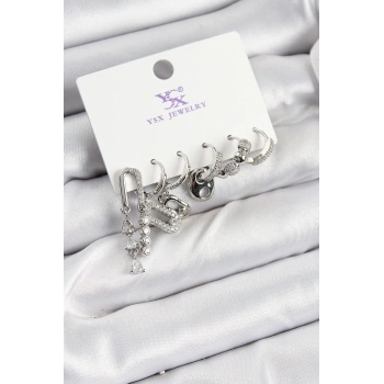 HEYF Pirinç Zİrkon Taşlı Dikdörtgen Model Gümüş Renk 3lü Çift Kadın Küpe