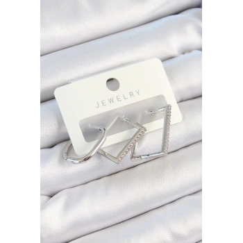 HEYF Pirinç Zirkon Taşlı Dikdörtgen Model Gümüş Renk 3lü Çift Kadın Küpe Set