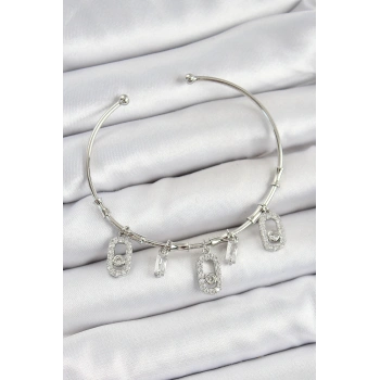 HEYF Pirinç Zirkon Taşlı Dikdörtgen Model Gümüş Renk Charm Bileklik