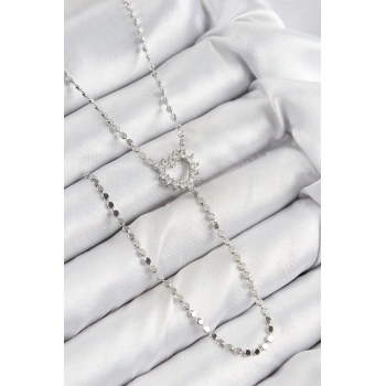 HEYF Pirinç Zirkon Taşlı Ezme Zincirli Kalp Model Gümüş Renk Y Kolye