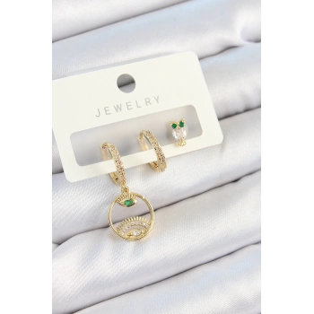 HEYF Pirinç Zirkon Taşlı Göz Ve Baykuş Model Gold Renk 3lü Çift Kadın Küpe Set