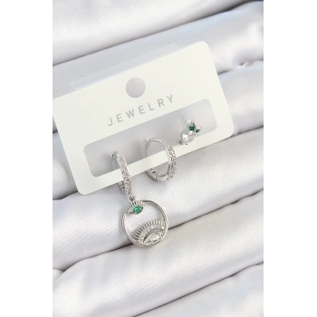 HEYF Pirinç Zirkon Taşlı Göz Ve Baykuş Model Gümüş Renk 3lü Çift Kadın Küpe Set