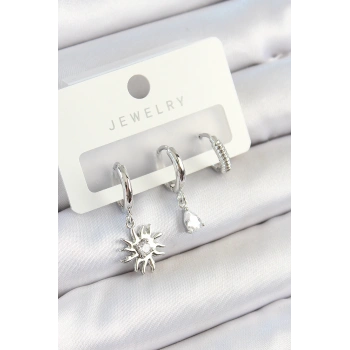 HEYF Pirinç Zirkon Taşlı Güneş Model Gümüş Renk 3lü Çift Kadın Küpe Set