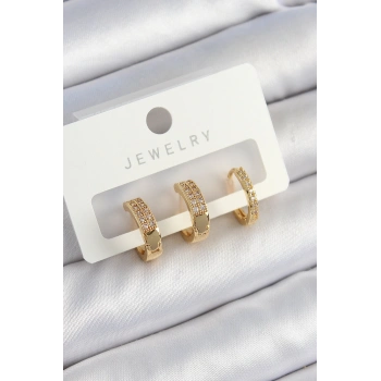 HEYF Pirinç Zirkon Taşlı Halka Model Gold Renk 3lü Çift Kadın Küpe Set