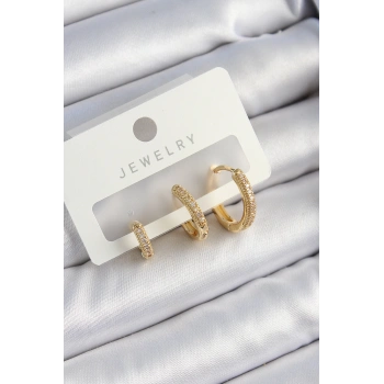 HEYF Pirinç Zirkon Taşlı Halka Model Gold Renk 3lü Çift Kadın Küpe Set
