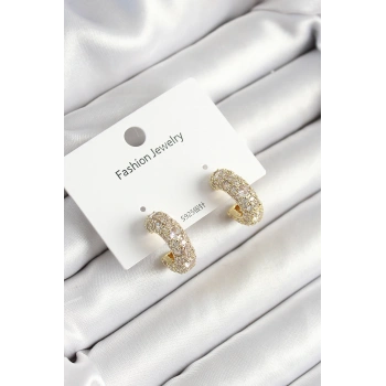 HEYF Pirinç Zirkon Taşlı Halka Model Gold Renk Kadın Küpe
