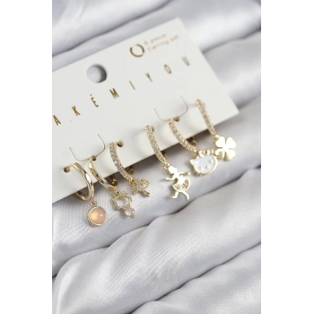 HEYF Pirinç Zirkon Taşlı Hello Kity Ve Yonca Model Gold Renk 6lı Küpe Set