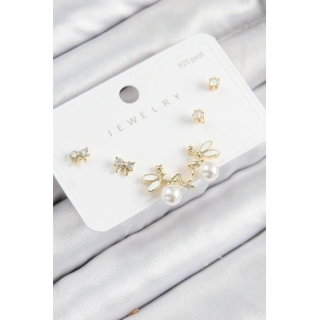 HEYF Pirinç Zirkon Taşlı İnci Melek Model Gold Renk 925 Ayar Gümüş Çivi Kadın Küpe Set