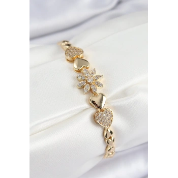 HEYF Pirinç Zirkon Taşlı Kalp Detaylı Çiçek Model Gold Renk Kadın Bileklik