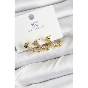 HEYF Pirinç Zİrkon Taşlı Kalp Model Gold Renk 3lü Kadın Küpe