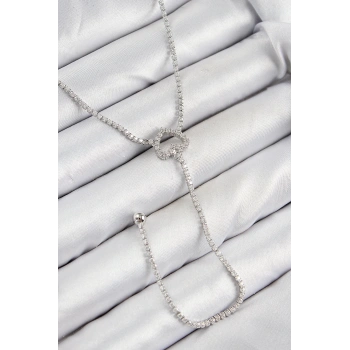 HEYF Pirinç Zirkon Taşlı Kalp Model Gümüş Renk  Y Kolye