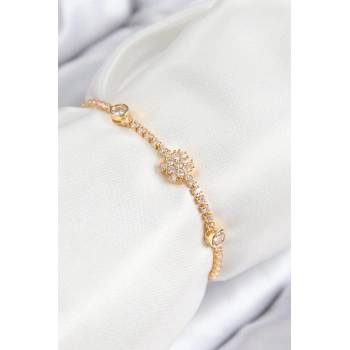 HEYF Pirinç Zirkon Taşlı Kar Tanesi Model Gold Renk Asansörlü Kadın Bileklik