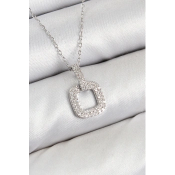 HEYF Pirinç Zirkon Taşlı Kare Model Gümüş Renk Kadın Kolye