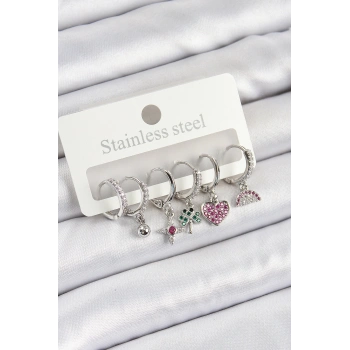 HEYF Pirinç Zirkon Taşlı Karpuz Yonca Kalp Pusula Karışık Model Gümüş Renk 6lı Set Kadın Küpe