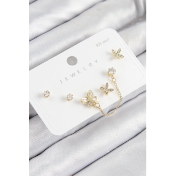 HEYF Pirinç Zirkon Taşlı Kelebek Model Gold Renk 925 Ayar Gümüş Çivi Kadın Küpe Set